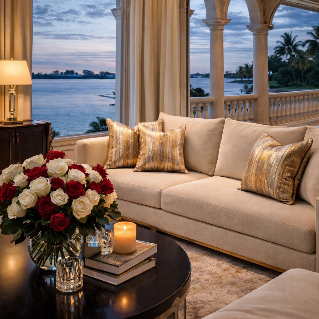 Luxurious living room with a view of the ocean, featuring a chandelier, sofa, and decorative pillows.