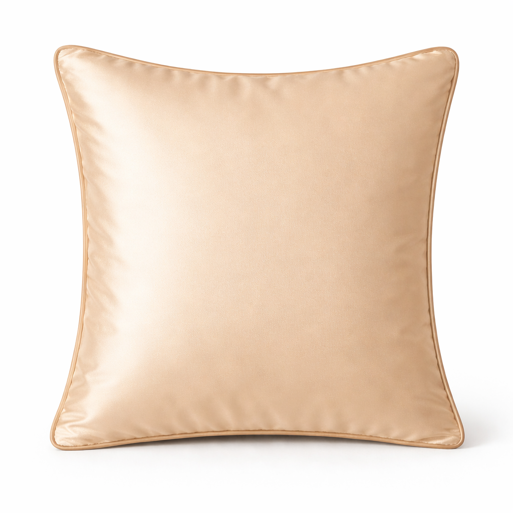 Beige satin pillow on a white background