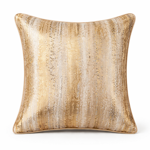 Decorative pillow with gold and beige striped pattern on a white background