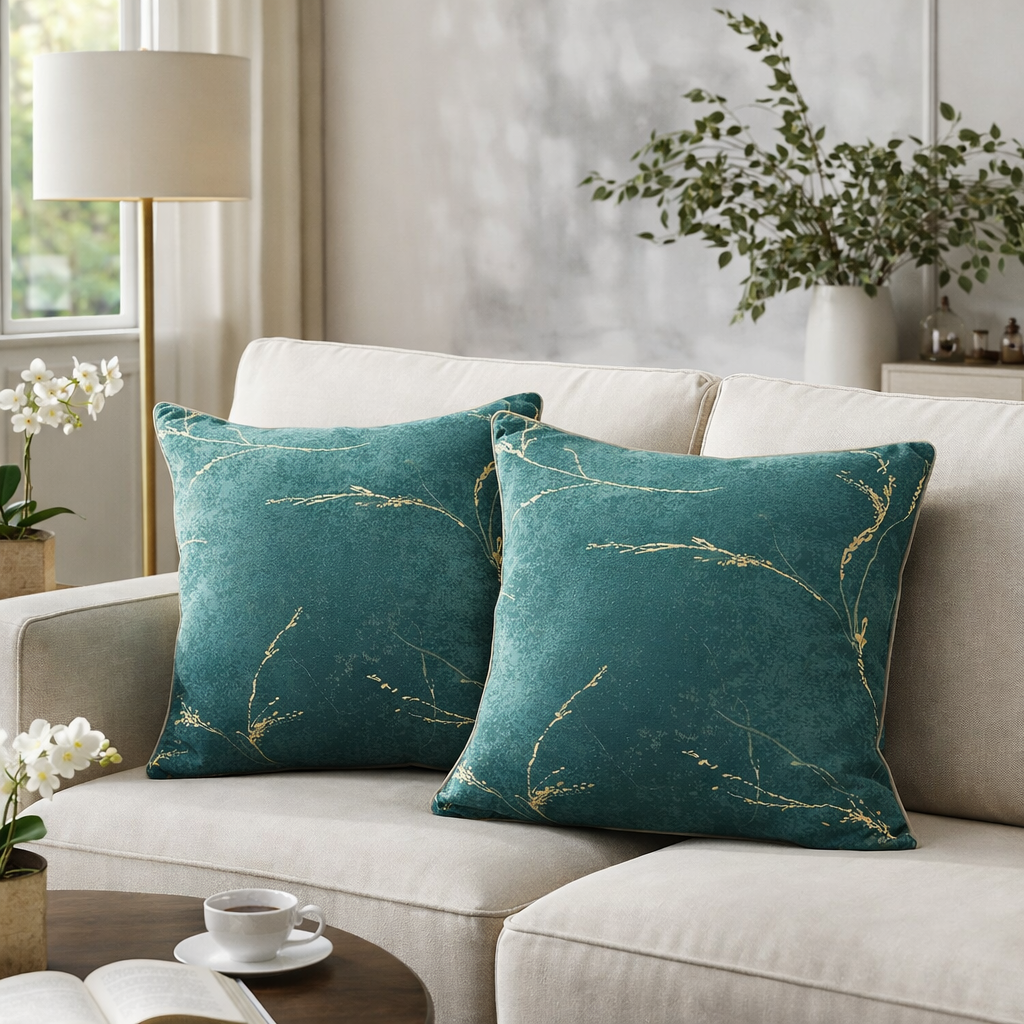 Teal pillows with gold accents on a beige sofa in a living room setting.